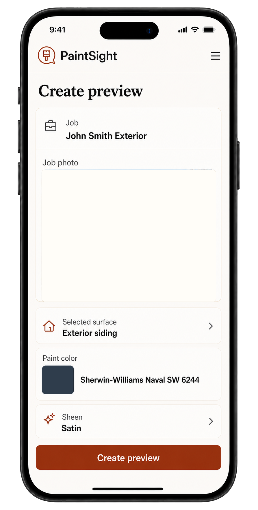 PaintSight create preview screen showing an unpainted John Smith Exterior photo, exterior siding, Sherwin-Williams Naval SW 6244, satin, and a Create preview button